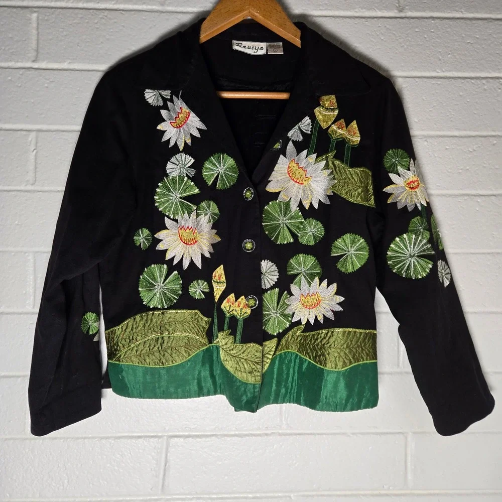 Vtg Raviya Embroidered Water Lily Jacket Large Black Floral Beaded Art to Wear